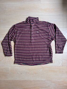 Vintage Nike ACG Striped Snap-Placket Fleece Pullover - Burgundy, Green, Yellow.